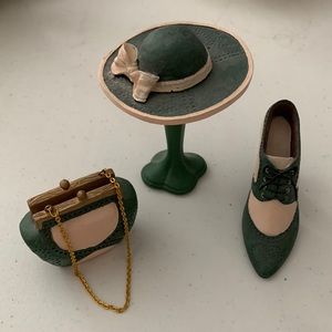 Miniature hat, shoe and purse set.